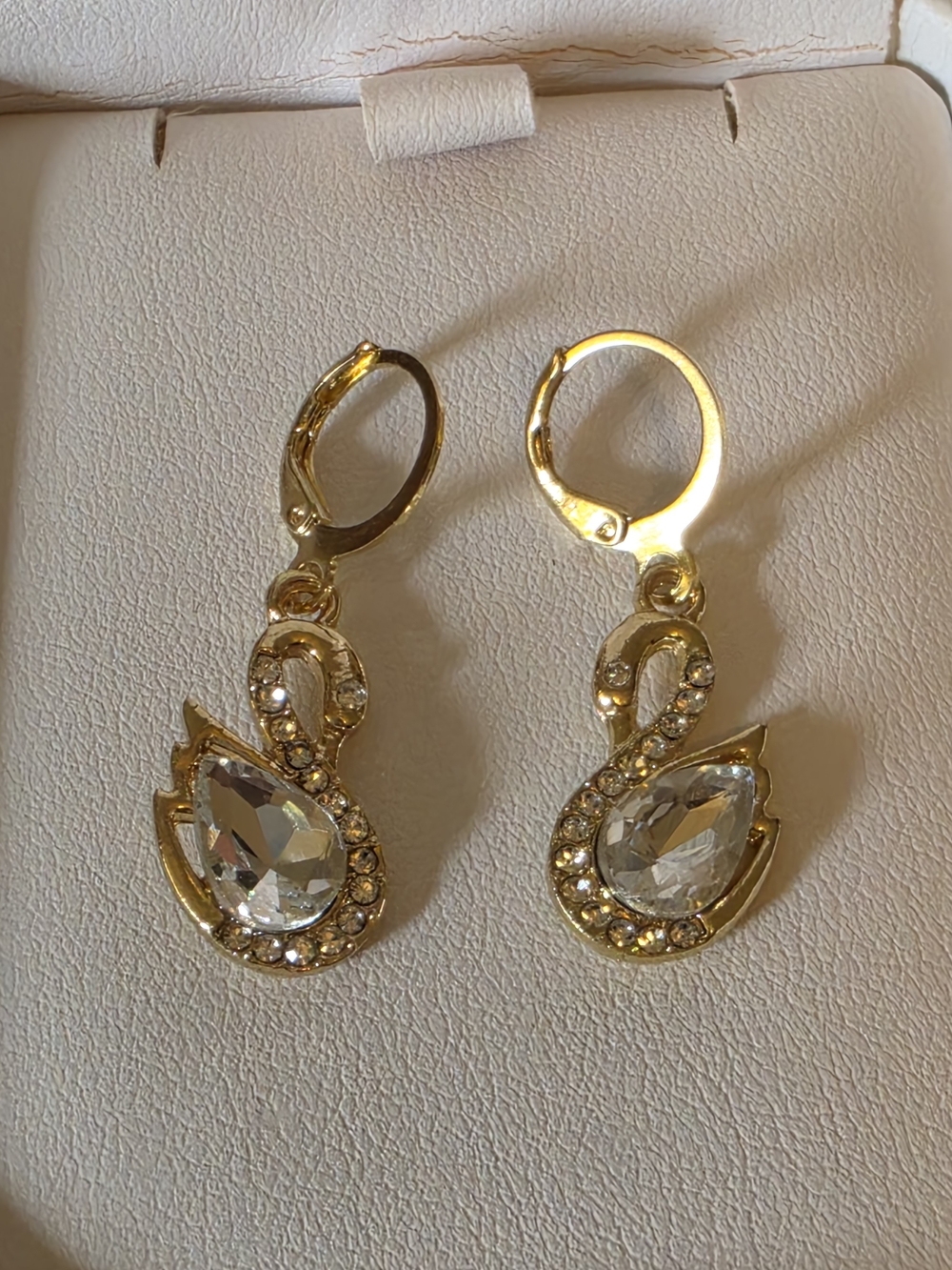 Gold Swan Drop Earrings with Clear Crystals